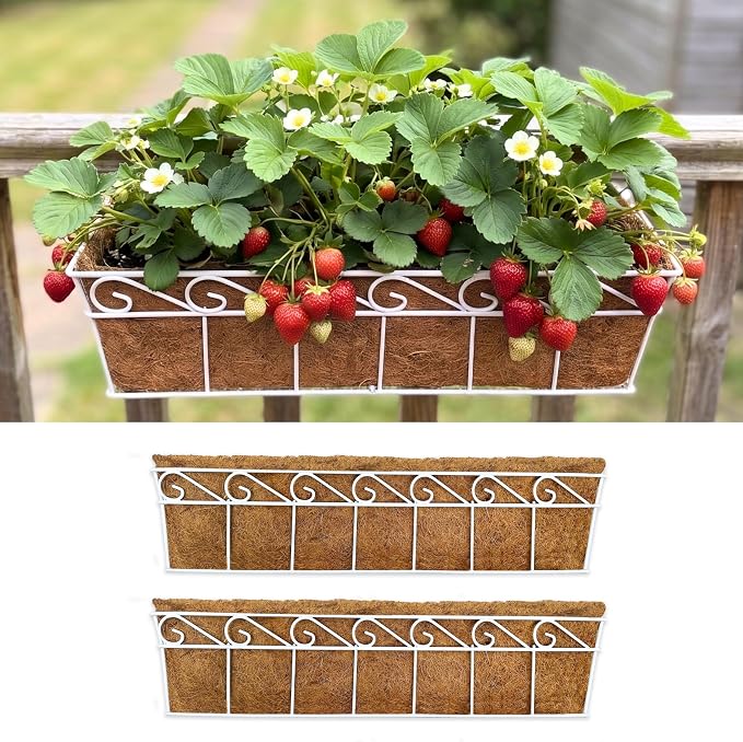 LaLaGreen Wall Mounted Planters (2 Pack, 30 Inch) Window Flower Boxes Basket Outdoor, Balcony Planter Over the Rail, Deck Railing Hanging with Coco Liners, White Metal Horse Troughs Fence Patio Porch