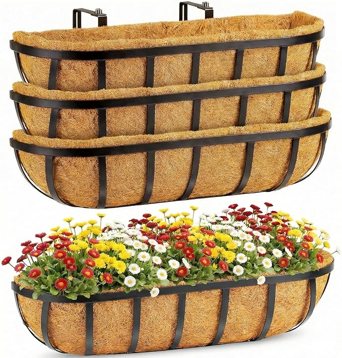Y&M 4pcs 24 Inch Window Deck with Coco Liner, 24" Window Boxes Horse Trough with Coconut Coir Liner, Black Metal Hanging Flower Planter Window Basket Deck Railing Planter Boxes for Outdoor Indoor