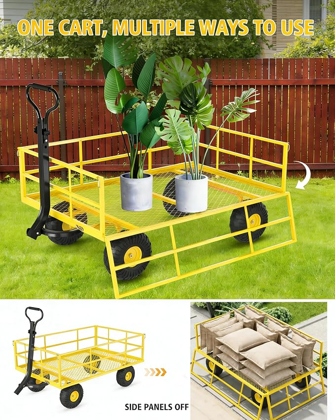 GarveeLife Heavy Duty Steel Garden Cart 1200 LBS Capacity 3 in 1 Pullable Garden Wagon with 13 in Wheels for Gardening Soil, Tools, and Plant Transport