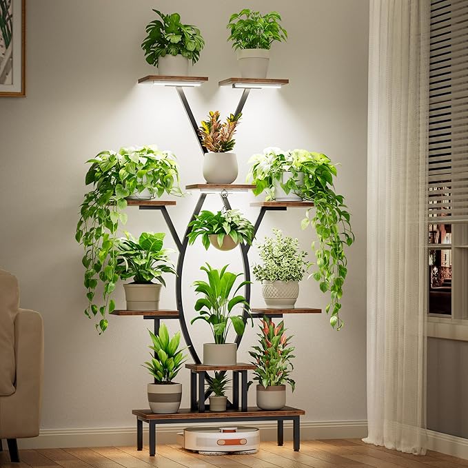 Plant Stand Indoor with Grow Lights - 9 Tiered Tall Plant Shelf, 63" Corner Plant Stands for Indoor Plants Multiple, X-Shaped Metal Flower Holder Large Decorative Rack for Living Room, Home Decor