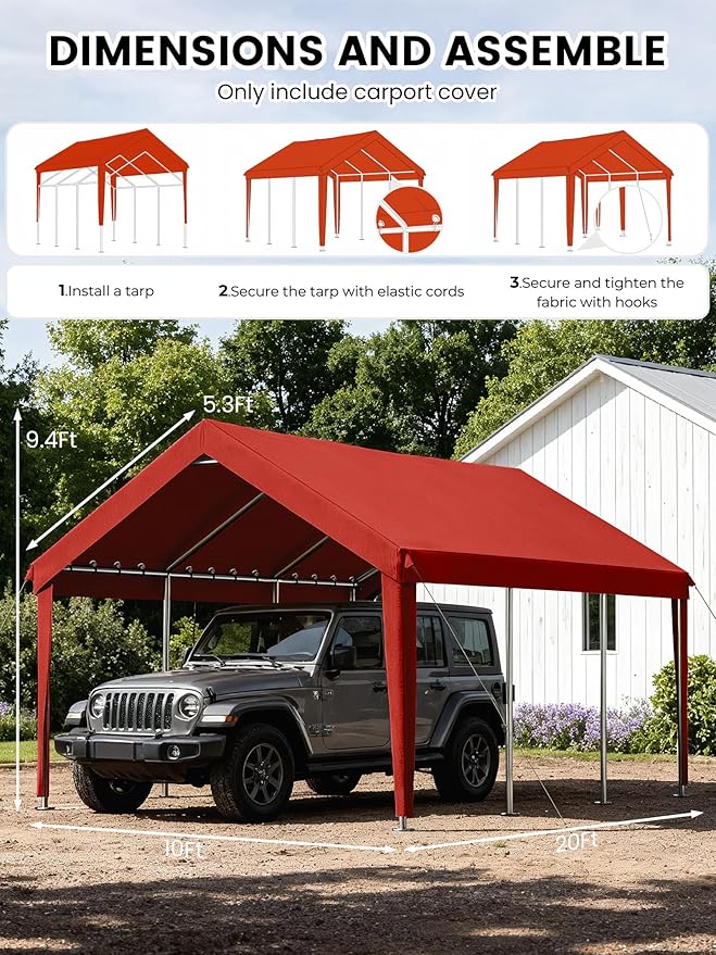 10 x 20 Ft Carport Replacement Cover, Heavy Duty Outdoor Car Tarp Canopy, Waterproof & UV Protected Tear Oxford Tarp with Ball Bungees (Frame is Not Included)