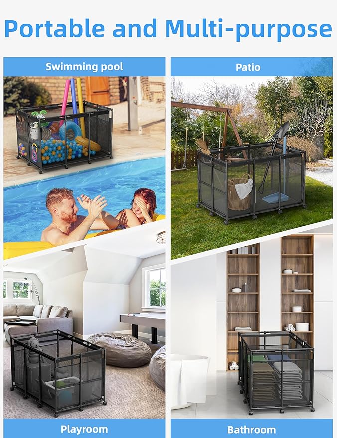 POOLHOUR Pool Float Storage – XXL Large Outdoor Pool Toy Storage Organizer for Pool Noodles, Toys, Floats, Balls,Equipment, Mesh Rolling Storage Organizer Bin, Black