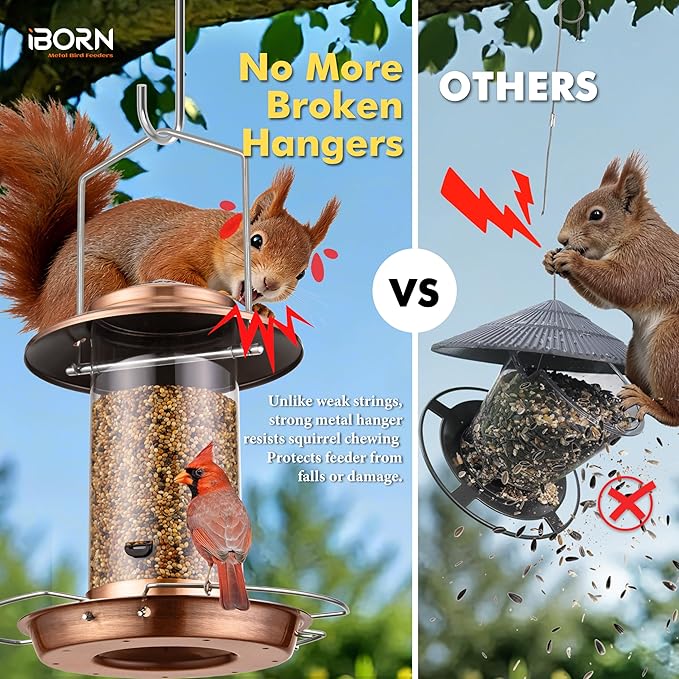 iBorn Bird Feeder Metal Squirrel Chew-Proof Bird Feeders for Outdoors Hanging Outside for Cardinal, Holds 1.5LB Seed with 3 Perchs, Brushed Copper (Seed is not Included)