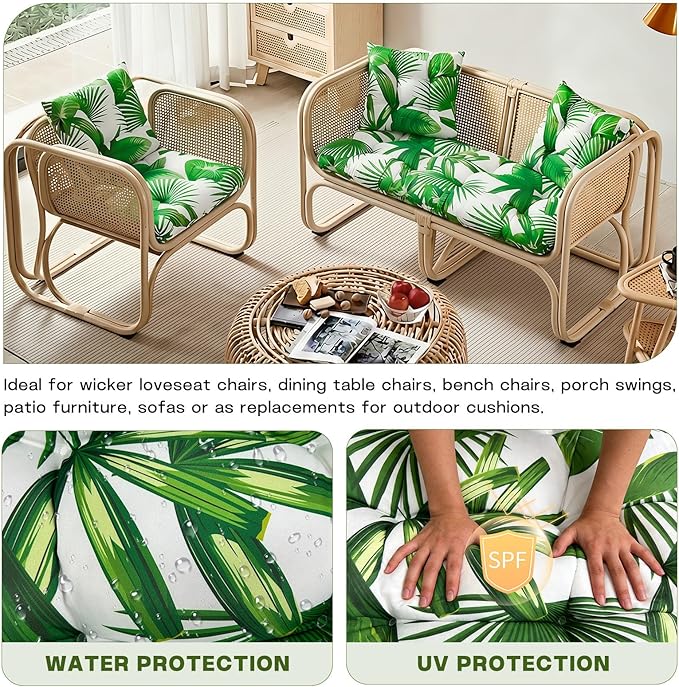 Wicker Chair Cushions Set, 2 U-Shaped Cushions & 1 Loveseat, Waterproof Outdoor Loveseat Cushion for Patio Furniture, Settee Bench Pad All Weather,FreshLeaf