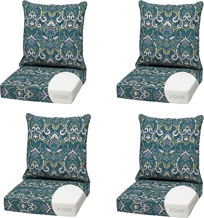 Arden Outdoor Foam Deep Seat Cushion (4-Pack), 22x24, Premium High-Density Foam, Never Flattens, Weather-Proof for Patio Chair Sofa Couch, Sapphire Aurora Blue Damask