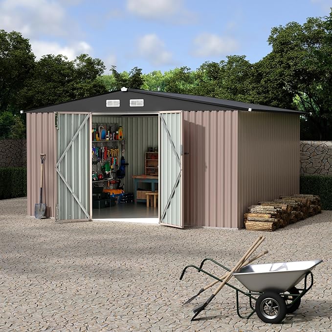 GarveeLife 10x12x6.4 ft Outdoor Storage Sheds with Floor, Metal Garden Tool Shed for Backyard, Large Metal Sheds Outdoor Storage With Lockable Doors & Air Vents for Backyard Garden Patio Lawn
