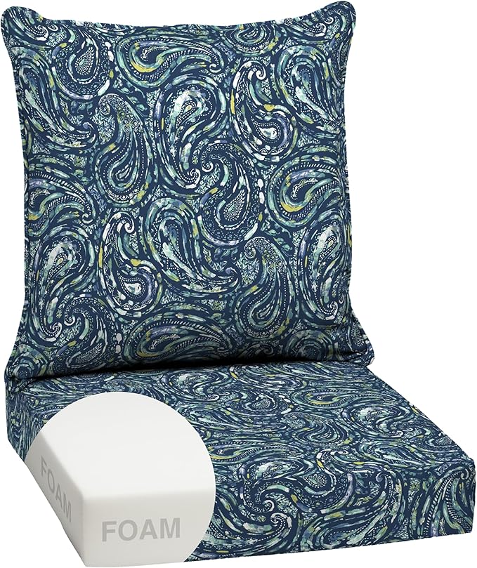 Arden earthFIBER Outdoor Foam Deep Seat Cushion Set, 24x24, Premium High-Density Foam, Never Flattens, Weather-Proof for Patio Chair Sofa Couch, Sapphire Blue Ridge Paisley