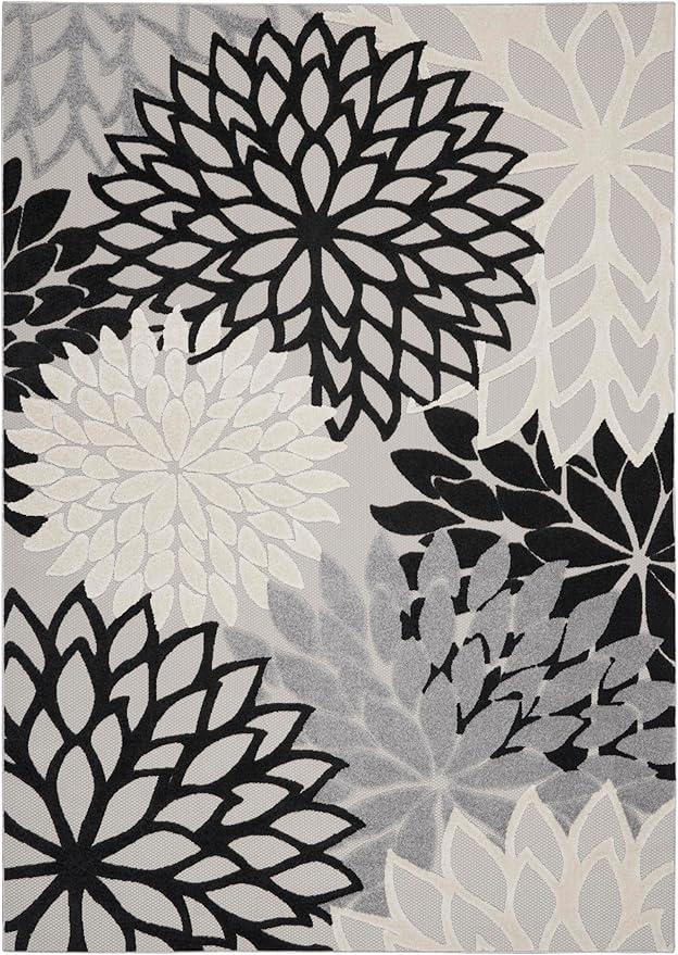 Nourison Home Aloha Indoor/Outdoor Black White 12' x 15' Area Rug, Tropical, Botanical, Easy Cleaning, Non Shedding, Bed Room, Living Room, Dining Room, Deck, Backyard, Patio (12x15)