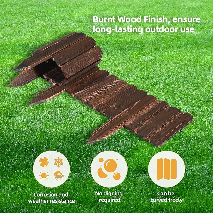 LINSHRY Wood Garden Edging, 4 Pack 7.9 in H x 3.9 ft L Wood Garden Fence for Landscape/Flower Bed Edging Borders, Garden Wooden Fence Edging (Total 15.6ft Length)