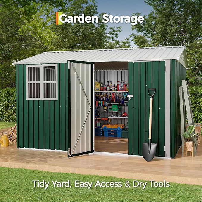 Garvee 10X8 FT Storage Shed with Cross Windows & Double Doors, 450 Cu Ft Large Outdoor Tool Shed, Garden Shed for Riding Mower, Bike, Lawn Equipment - All Weather Meta