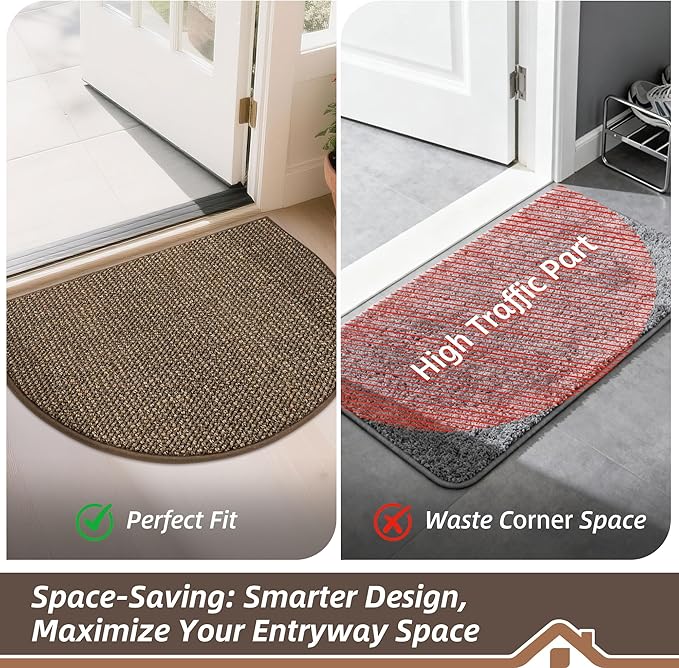 BEQHAUSE Dirt Trapper Door Mat 26" x 40" Half Circle Non-Slip Washable Doormats Entrance Rugs Absorbent Welcome Low Profile Floor Mats for Front Back Door and Entryway, Brown