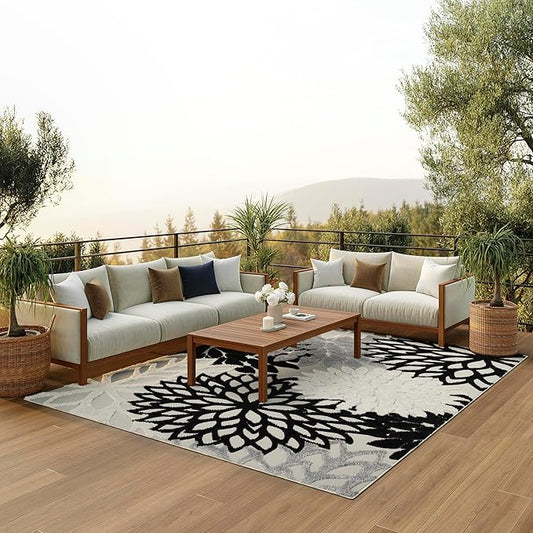Nourison Home Aloha Indoor/Outdoor Black White 9' x 12' Area Rug, Tropical, Botanical, Easy Cleaning, Non Shedding, Bed Room, Living Room, Dining Room, Deck, Backyard, Patio (9x12)