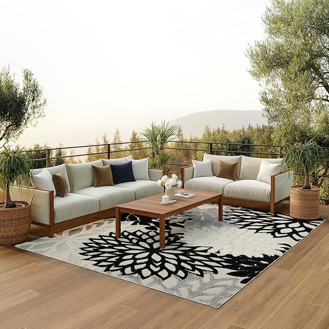 Nourison Home Aloha Indoor/Outdoor Black White 12' x 15' Area Rug, Tropical, Botanical, Easy Cleaning, Non Shedding, Bed Room, Living Room, Dining Room, Deck, Backyard, Patio (12x15)