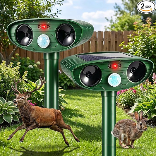 2Pack Ultrasonic Deer Repellent Device with Motion Sensor for Plant Garden | Solar Animal Repellent Outdoor To Keep Cat Rabbit Raccoon Out of Yard Farm Squirrel Fortress Pro Deer Deterrent