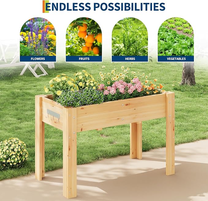 48x24x30IN Wooden Raised Garden Bed with Legs, Elevated Reinforced Large Planter Box for Vegetable Flower Herb Outdoor, Standing Growing Bed for Gardening/Backyard/Patio/Balcony, Liner Included