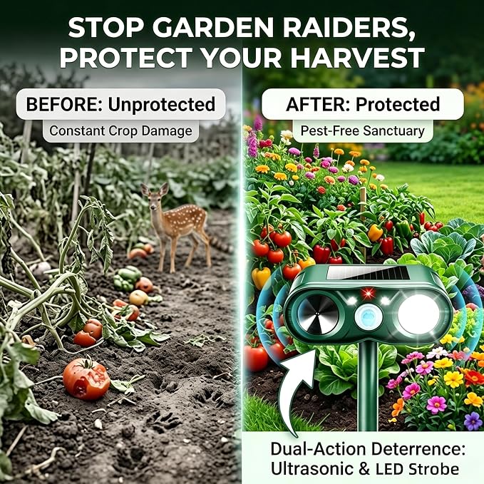 2Pack Upgraded Sonic Fortress Pro Deer Repellent Solar Ultrasonic Animal Repellent Outdoor Cat Deterrent with Motion Sensor Strobe Light for Skunk Rabbit Raccoon Squirrel Fortress Pro for Yard Garden
