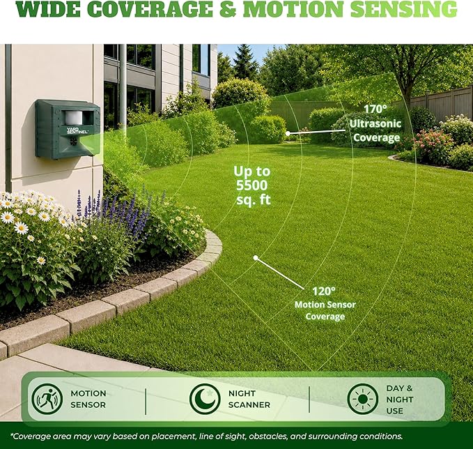 ASPECTEK Yard Sentinel Ultrasonic Animal Repeller, 5500 Sq. Ft. Coverage with 24Hrs Motion Sensor, Night Scanner, Deterrent for Deer, Raccoon, Bear, Rabbit, Skunk and Fox, Includes 10m Extension Cord