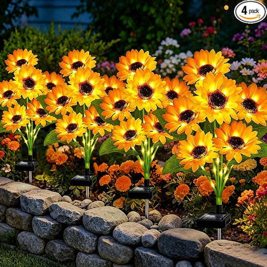 VOOKRY Solar Lights Outdoor, 4 Pack with 24 Sunflower Lights, Waterproof Solar Flowers Garden Decor, Birthday Gifts for Mom Women Grandma, Sunflowers Yard Decoration for Lawn Backyard Patio Flowerbed