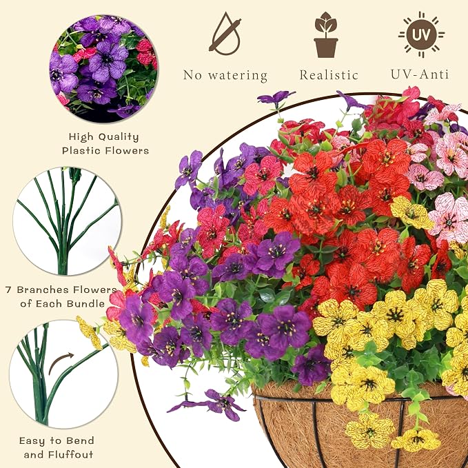 Senjie 3 Set Artificial Hanging Flowers with Basket for Outdoor Decor, UV Resistant 36 Bundles Faux Flowers Fake Hanging Planter for Porch Patio Balcony