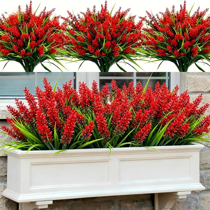 Geegoods Artificial Plants Flowers Outdoor – 24 Bundles Red Faux Flowers UV Resistant, Fake Outdoor Plants for Planters, Window Boxes, Hanging Baskets, Front Porch, Patio, Garden Decor