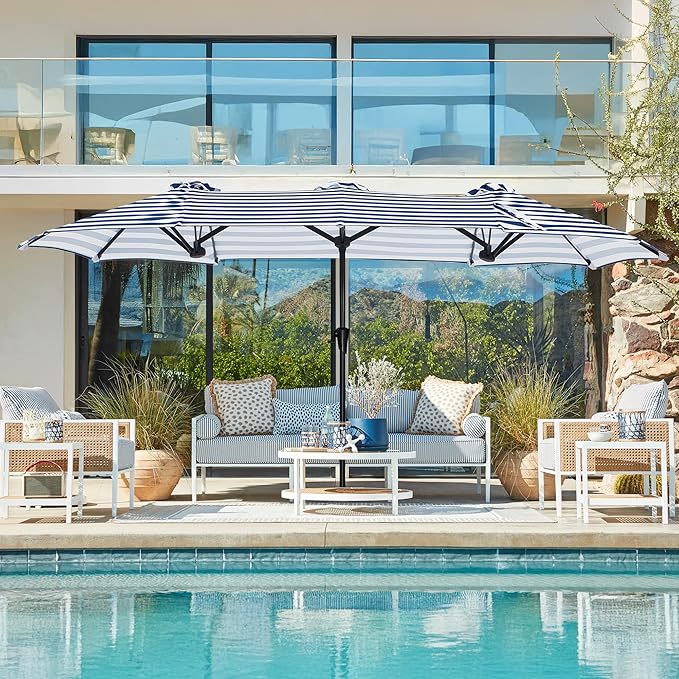 SUPERJARE 13FT Outdoor Umbrella for Patio, Double sided Pool Umbrellas with Fade Resistant Canopy, Large Table Umbrella for Deck, Market, Backyard - Blue & White Stripe
