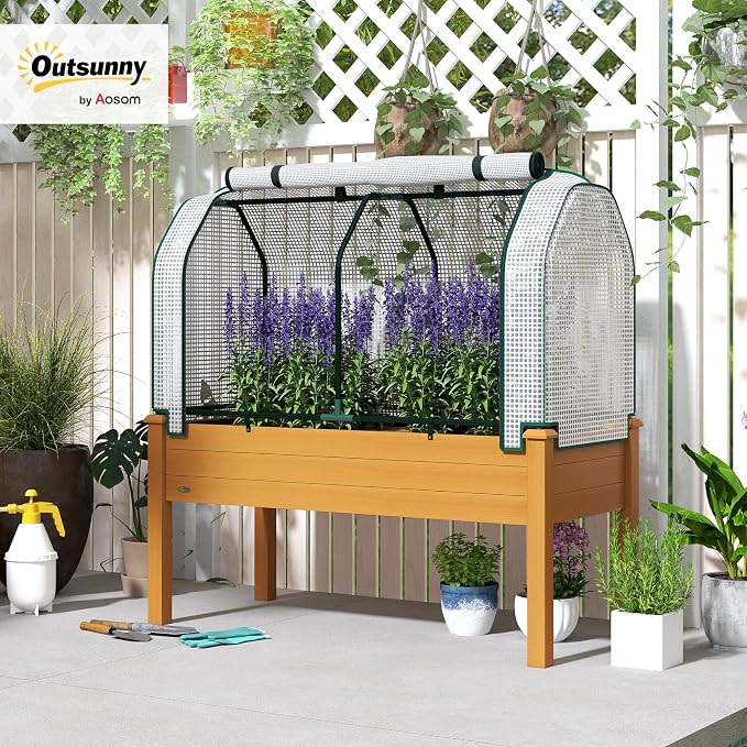 Outsunny Raised Garden Bed with PE Greenhouse Cover Outdoor Elevated Wood Planter Box for Herbs and Vegetables, Use for Patio, Backyard, Balcony, 48 x 22 x 46 inch, Sand