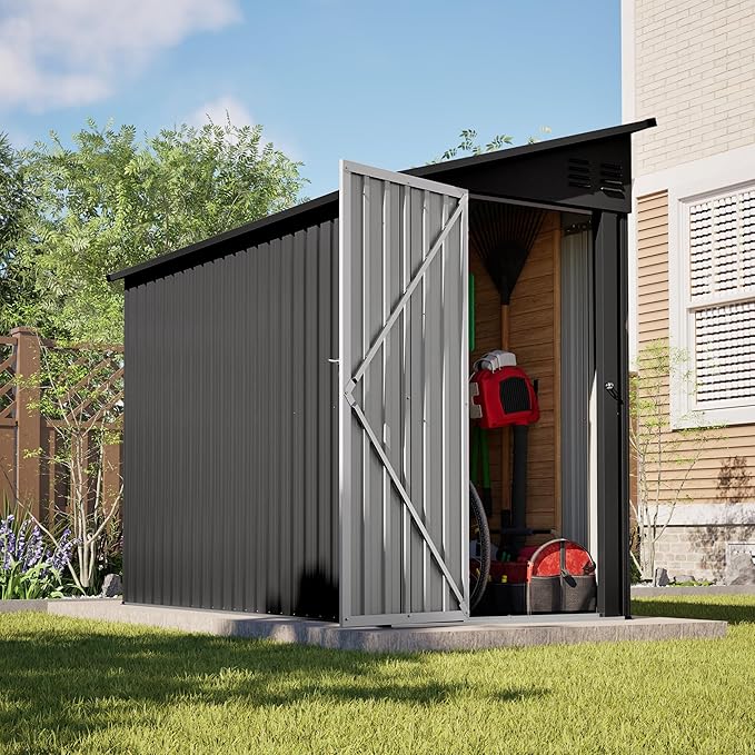YOPTO 4×8 FT Lean to Metal Shed,Outdoor Heavy-Duty Storage Shed with Floor Base,All Weather Waterproof Garden Tool House W/Lockable Door&2 Air Vent,Reversible Door Design,for Backyard,Patio,Lawn,Black