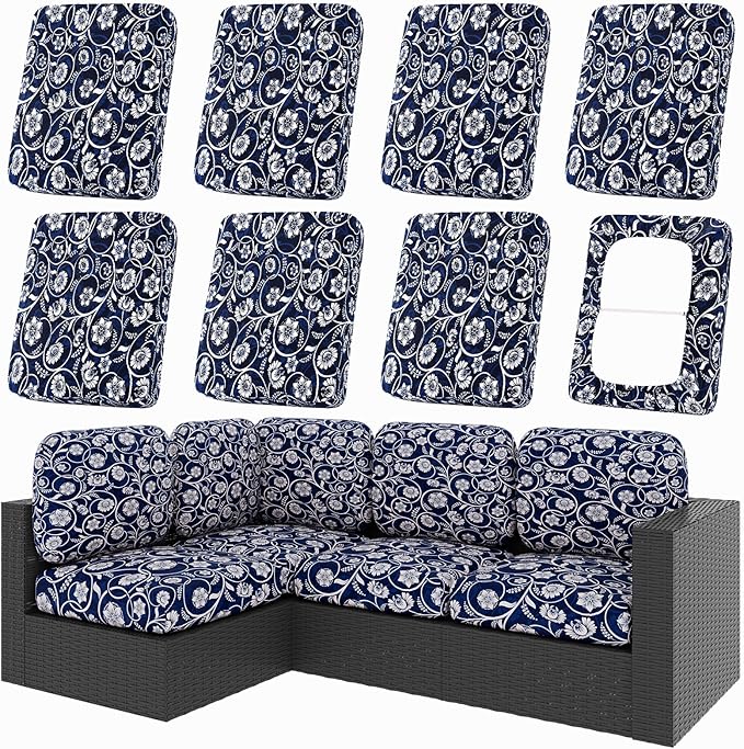 hyha 8Pcs Patio Cushion Covers, Stretch Outdoor Couch Cushion Covers, Washable Outdoor Chair/Sofa Slipcovers for Patio Furniture Cushions Protector with Elastic Bottom(Baroque,Cover Only)