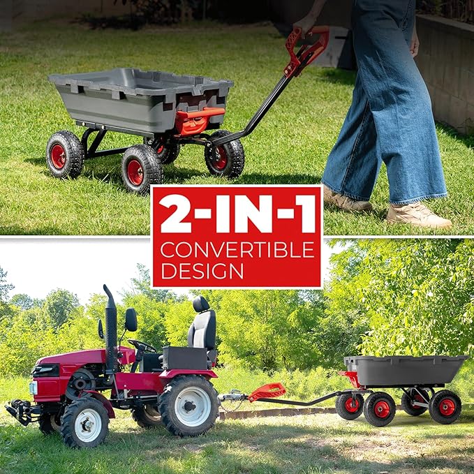 XtremepowerUS 2-in-1 Convertible Handle Heavy Duty Garden Cart Dump Wagon Utility 800-Pound Dump Cart Utility Cart for Yard, Farm 10" Pneumatic Tires