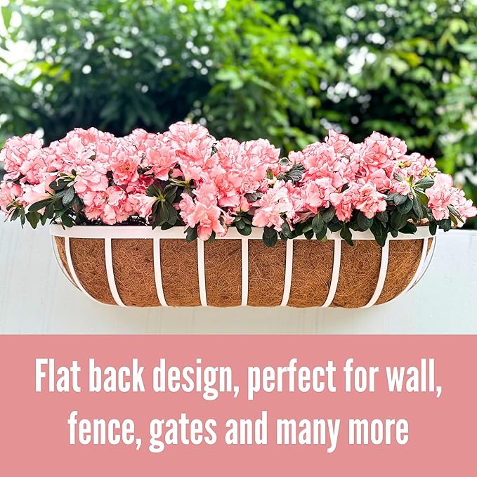 LaLaGreen Outdoor Planter Boxes (30 Inch, 2 Pack) White Metal Deck Railings Flower Box with Coco Liner, Rectangular Hanging Planters for Window Plant Horse Trough Fence Balcony Garden Herb Porch Patio