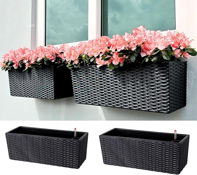 LaLaGreen Outdoor Wall Planters (20 Inch, 2 Pack) Wall Mounted Self Watering System Window Flower Boxes with Bracket, Black Rectangular Plant Pot Container Indoor Modern Garden Herb Kitchen Home Decor