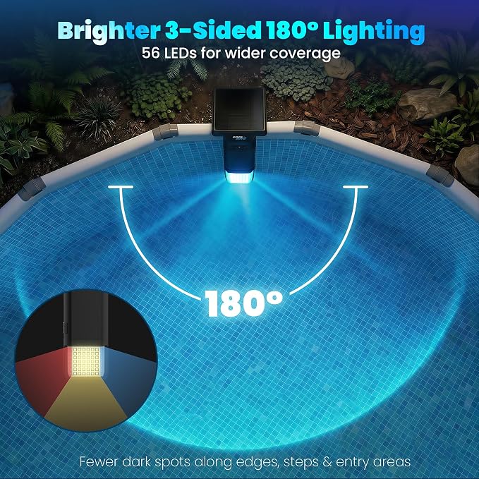 Solar Pool Lights Only for Metal Frame Above Ground Pools, 1.71–3.9 Top Rails, Remote Control, Brighter 3-Sided 180° Underwater Glow, 10 Colors 4 Modes, IP68 Waterproof（1 Pack）