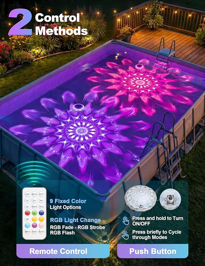 APONUO Solar Pool Lights, IP68 Waterproof Floating Pool Lights with Remote& Button Control, 9 Lighting Colors& 3 Modes Pool Solar Light, Timer& Memory, Floating Light for Pool, Party, Bathtub (1 Pack)