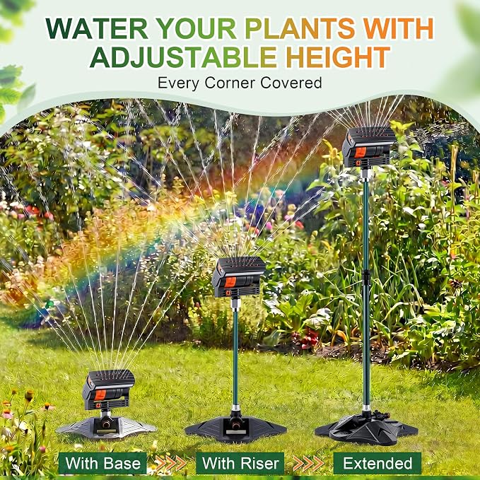 Oscillating Sprinkler with Adjustable Aluminum Riser, 4 Way Lawn Sprinklers for Yard and Garden, 16 Nozzles, Cover up to 4.069 sq. ft Ideal for Watering Different Heights(Triangular)