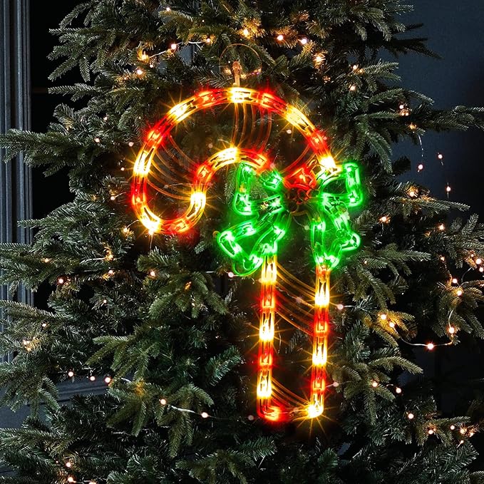 Christmas Window Silhouette Lights, Lighted Candy Cane Double Sided Decorations with 50 Count Incandescent Mini Light, for Holiday Indoor Wall Door Glass Decor