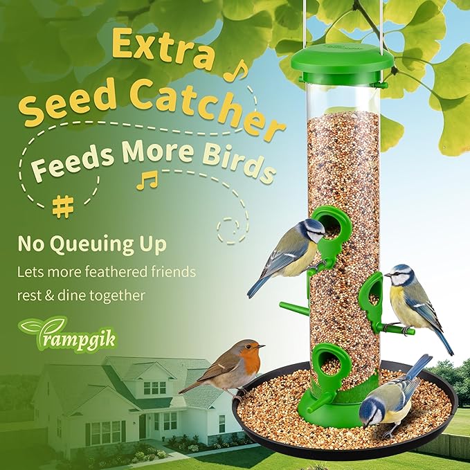 Bird Feeders for Outdoors Seed Catcher,6 Port Wild Bird Feeders with Tray,Bird Feeders for Outside Hanging for Cardinal 13 Inch,Lawn Green,Pack of 2