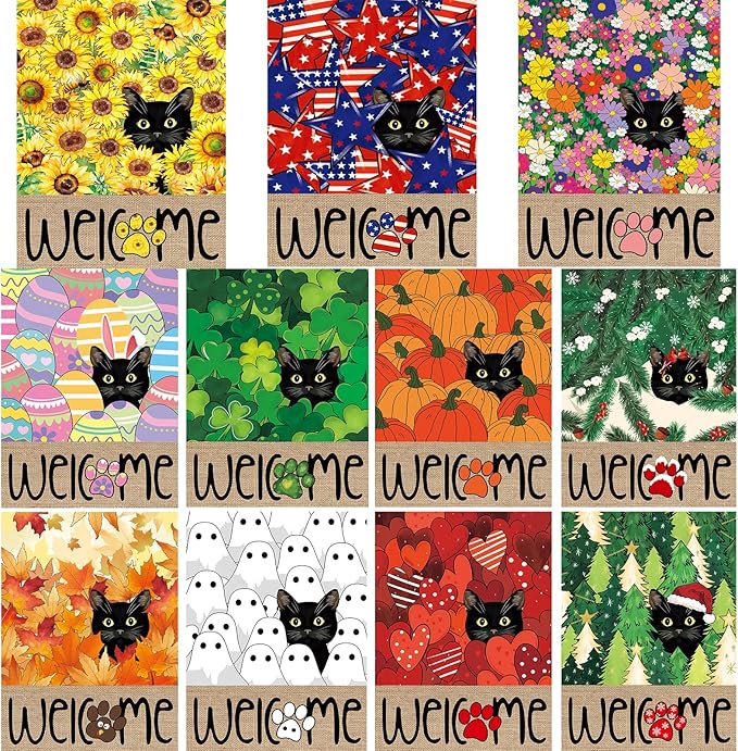 Seasonal Garden Flags Set of 11, Double Sided 12 x 18 Inch Black Cat Yard Flags, Small Flags for Outside, Spring Winter Easter 4th of July Outdoor Flags, Welcome Holiday Garden Flags for All Seasons