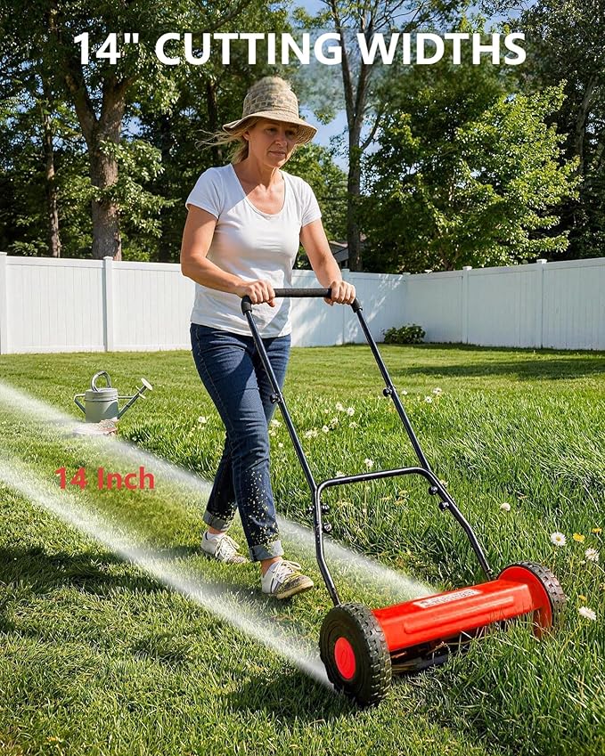 16-Inch Hand Push Reel Lawn Mower, 5-Blade Manual Push Lawnmower, 0.4-4" Adjustable Cutting Height, Lightweight for Small/Medium Yards, Easy Assembly, Compact & Quiet, Red