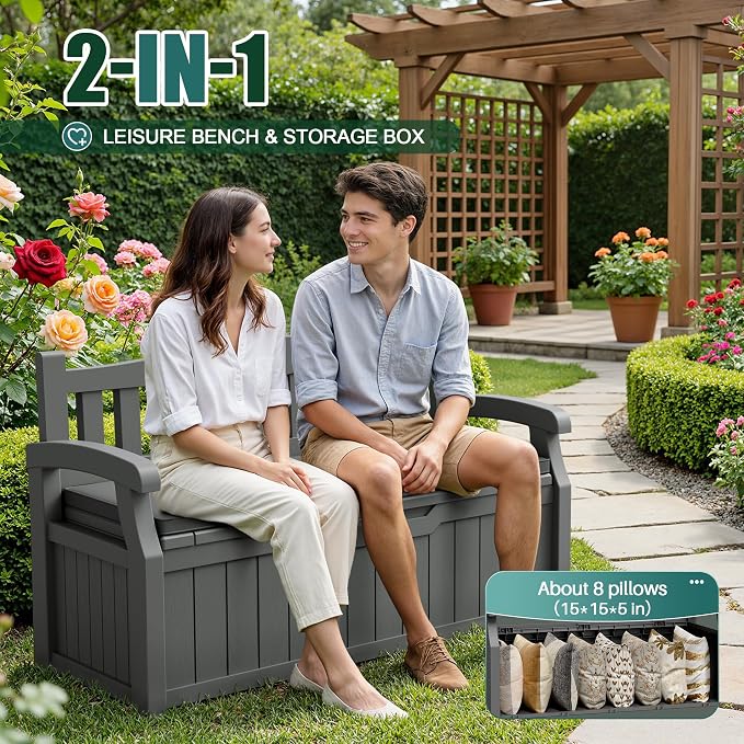 Devoko 80 Gallon Storage Bench with Cushion, Lockable Deck Box for Patio Furniture, Garden Decor and Outdoor Seating for Cushions, Garden Tools and Pool Supplies (Grey, 80 Gallon with Cushion)