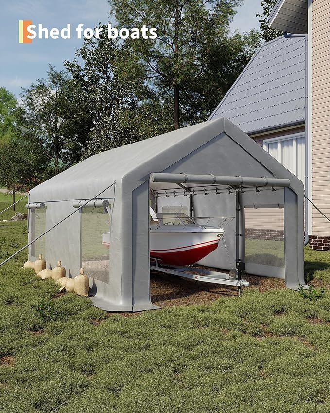 12x20 ft Portable Garage, Heavy Duty Carport with 200g PE Canopy, Roll-Up Doors and 4 Mesh Windows, 21 & 18 Galvanized Steel Frame, Outdoor Carport Shelter for Truck Boat SUV Tractor, White