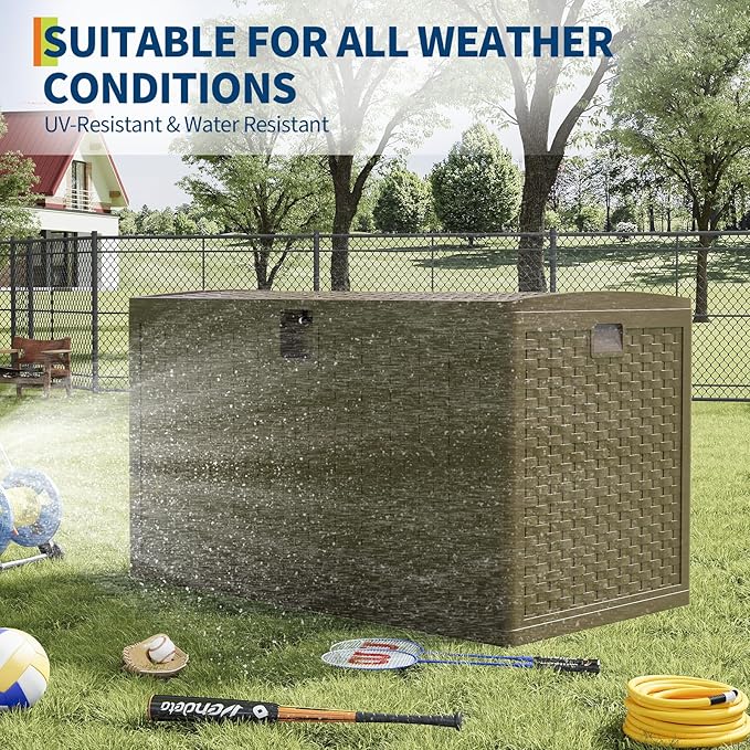 120 Gal Resin Deck Box, Waterproof Lockable Outdoor Storage Box, Versatile Outside Container for Package Parcels, Patio Furniture Cushions, Garden Tools & Pool Accessories