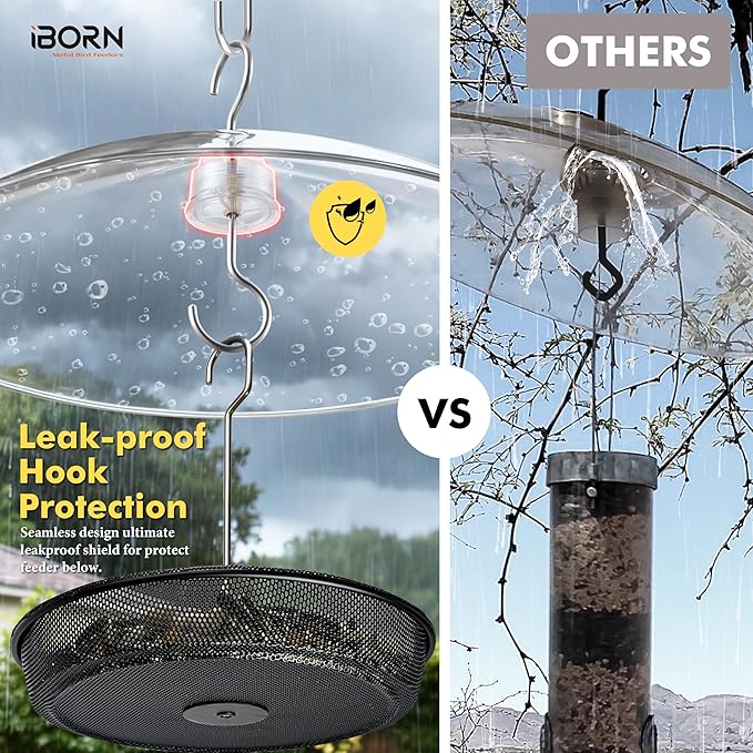 iBorn Hanging Bird Feeder Tray & Rainroof Cover, Bird Feeder Bowl with 13”Bird Feeder Cover for Rain Guard, Chew-Proof Polycarbonate & Thick Metal Hanger, Easy to Refill & Clean, Transparent & Black
