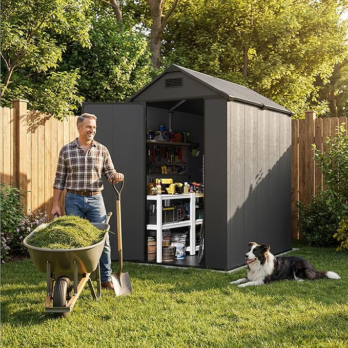 Greesum 4x6FT Plastic Shed with Floor, Outdoor Storage Shed with Vent and Locable Door, Waterproof Plastic Tool Storage Without Window, for Garden, Garage, Lawn, Deep Gray