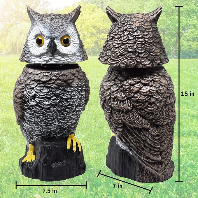 Owl Decoy to Scare Birds Away Scarecrow Fake Owl with Rotating Head 15" Tall