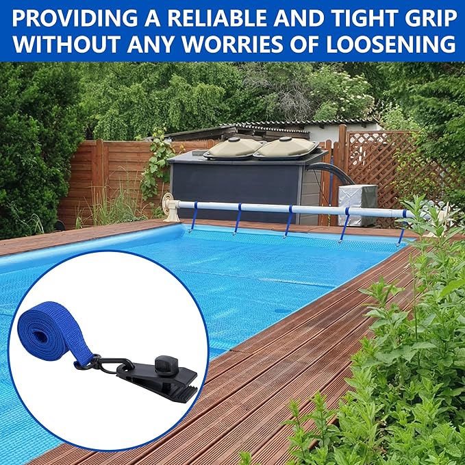 codree 36 Pcs Pool Solar Cover Reel Attachment Kit, Inground Swimming Pool Solar Cover Straps and Clips, Solar Blanket Strap Kit Including 12 Straps with Hooks, 12 Clips and 12 Touch Fastener (Blue)
