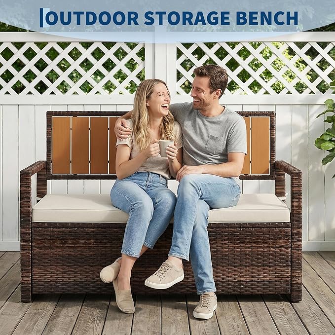 IDEALHOUSE Outdoor Storage Bench with Cushion, PE Rattan Patio Bench with Backrest, Armrests and Metal Frame, Waterproof Deck Box Seat for Porch, Backyard & Poolside, Dark Brown