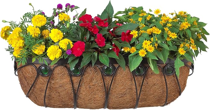 Arcadia Garden Products Hanging Window Basket Metal Trough Flower Planter with Coco Liner for Outdoor Windowsill, Railing, Patio, Garden, Balcony, Fence, 36-inch