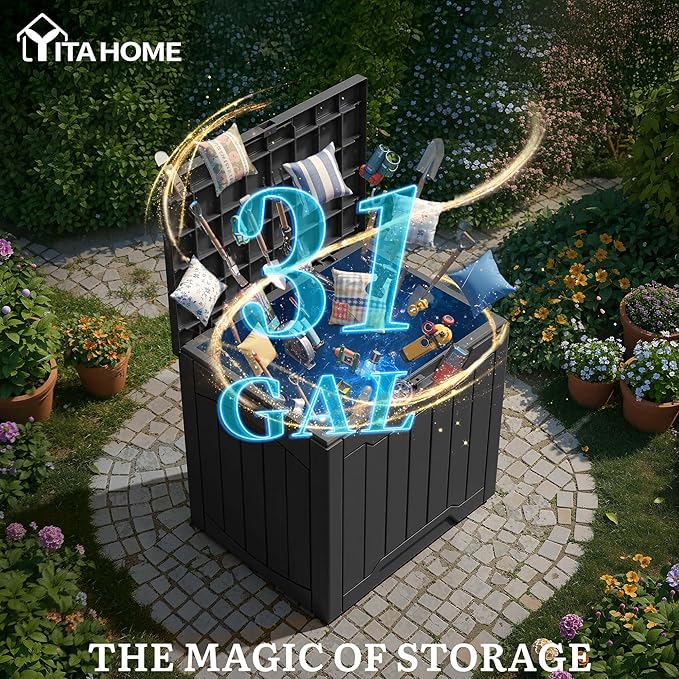 YITAHOME 31 Gallon Outdoor Storage Box, Resin Deck Box and Waterproof Package Delivery Box for Gardening Tools, Pool Supplies, Patio Furniture, Lockable, Black