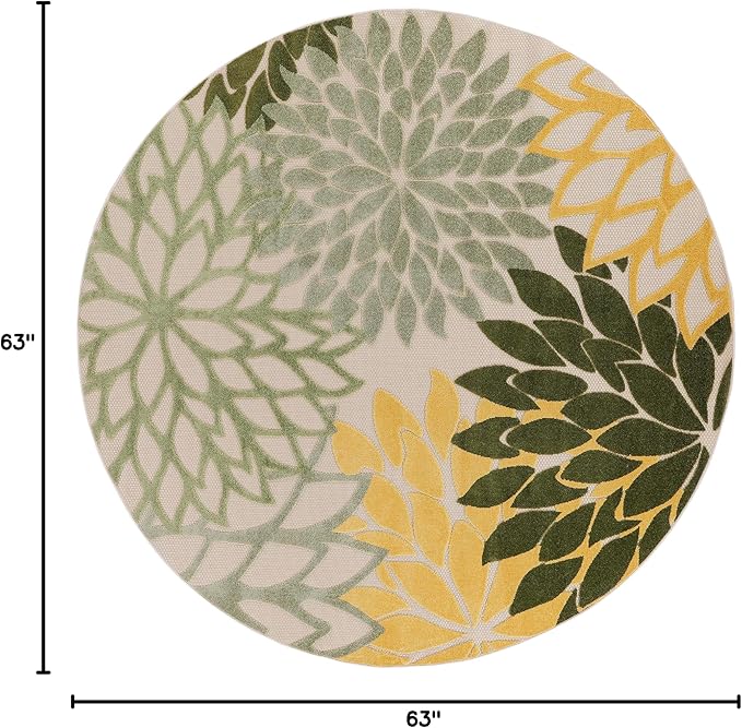 Nourison Home Aloha Indoor/Outdoor Green Multicolor 5'3" x Round Area Rug, Easy Cleaning, Non-Shedding, Bed Room, Living Room, Dining Room, Backyard, Patio, Deck (5 Round)
