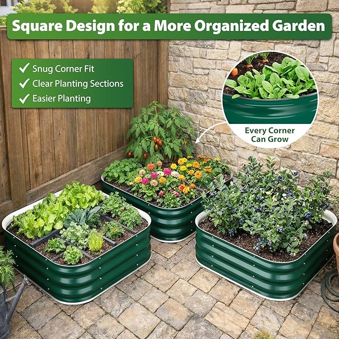 Galvanized Raised Garden Bed for Gardening, 3x3x1ft Metal Square Planter Boxes Outdoor for Vegetable,Flower,Herb,Modular Above Ground Growing Container,Green